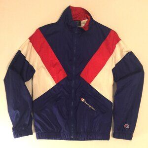 Champion Mens zip front windbreaker. Red, white & blue